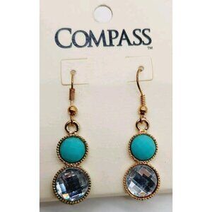 Compass Gold Tone Blue Dangle Rhinestones Earrings